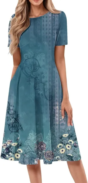 Women's Summer Casual Dress Midi Short Sleeve Round Neck Dresses Elegant Pleated with Side V Neck A-Line Midi Dress