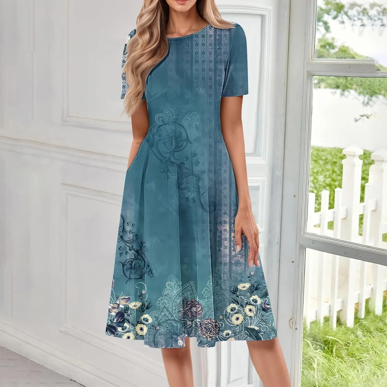 Women's Summer Casual Dress Midi Short Sleeve Round Neck Dresses Elegant Pleated with Side V Neck A-Line Midi Dress