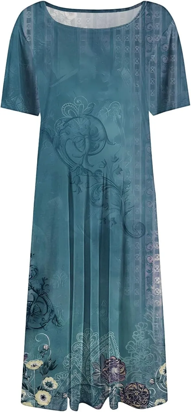 Women's Summer Casual Dress Midi Short Sleeve Round Neck Dresses Elegant Pleated with Side V Neck A-Line Midi Dress
