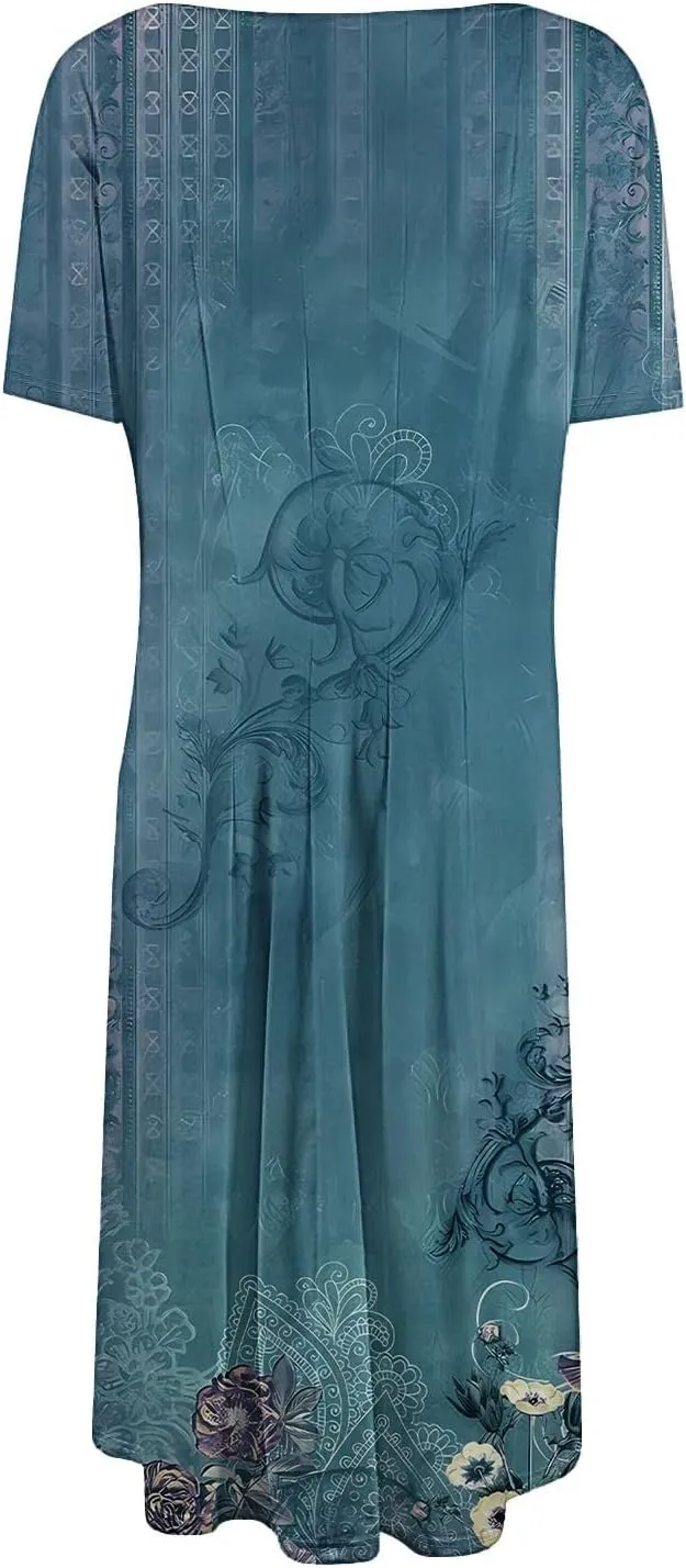 Women's Summer Casual Dress Midi Short Sleeve Round Neck Dresses Elegant Pleated with Side V Neck A-Line Midi Dress