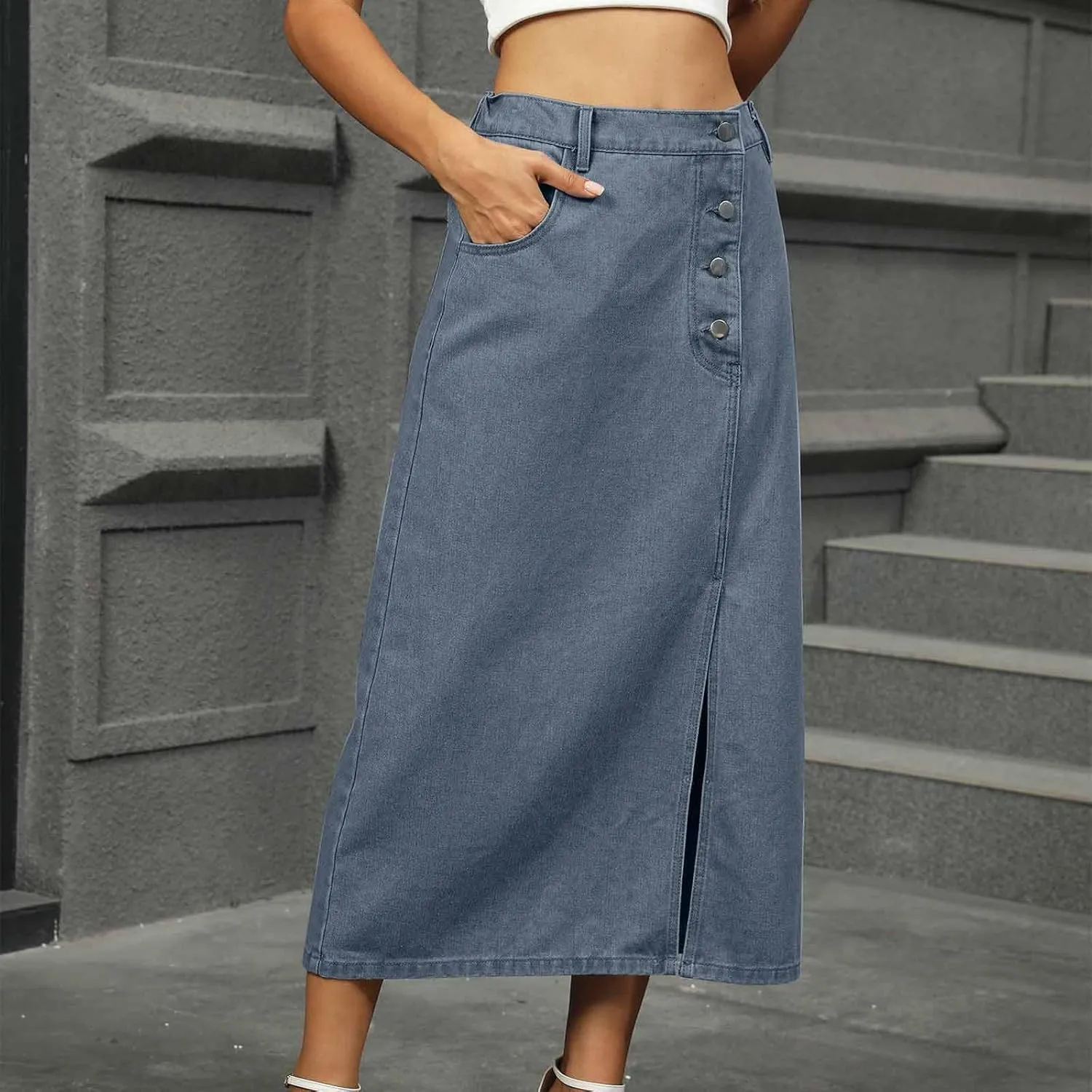 Women's Summer Casual Elastic Waist Pockets Work Midi Denim A Line Skirt Stretch Button Down Back Slit Stretch Skirts