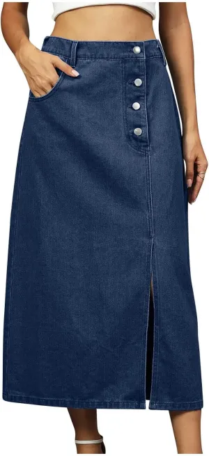 Women's Summer Casual Elastic Waist Pockets Work Midi Denim A Line Skirt Stretch Button Down Back Slit Stretch Skirts