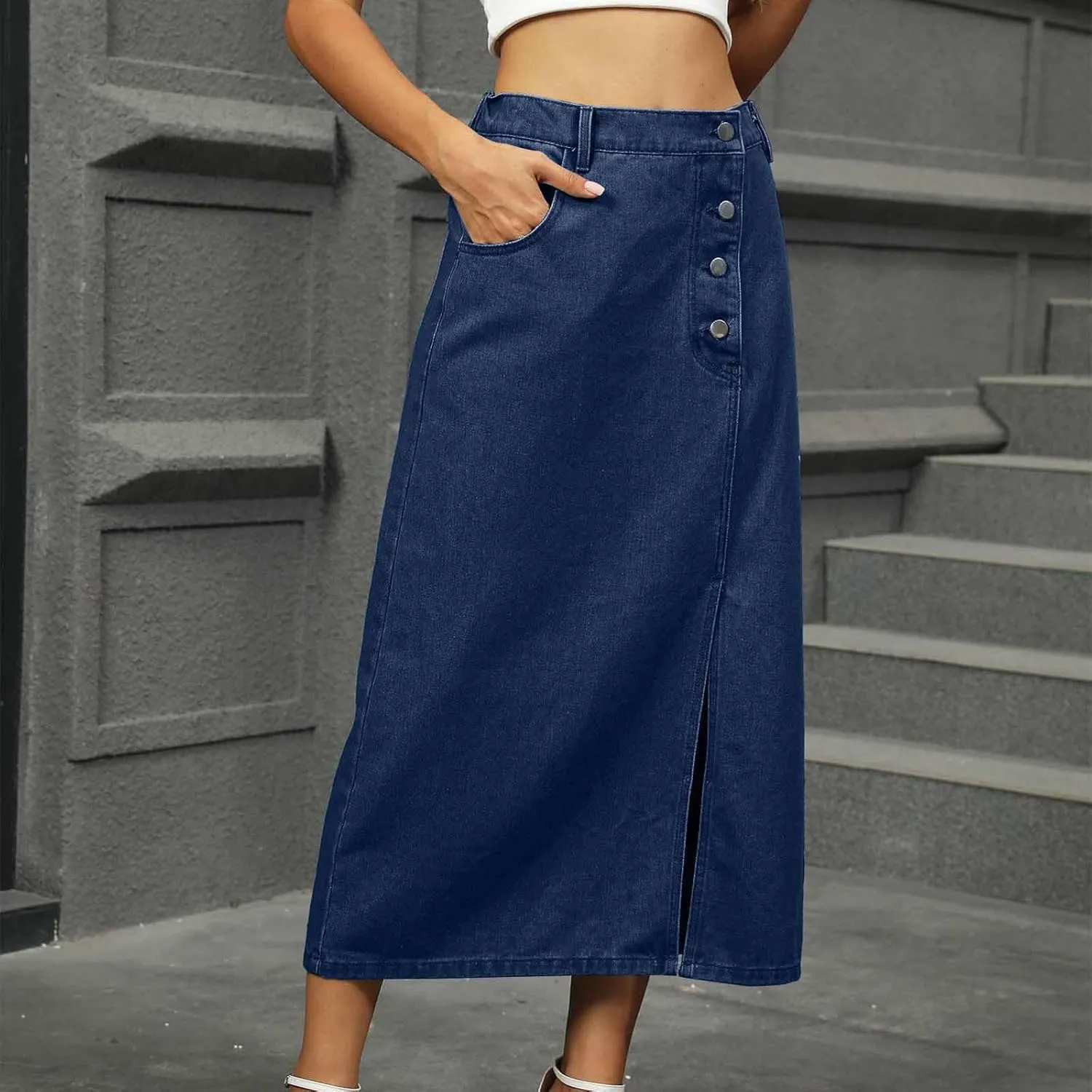 Women's Summer Casual Elastic Waist Pockets Work Midi Denim A Line Skirt Stretch Button Down Back Slit Stretch Skirts