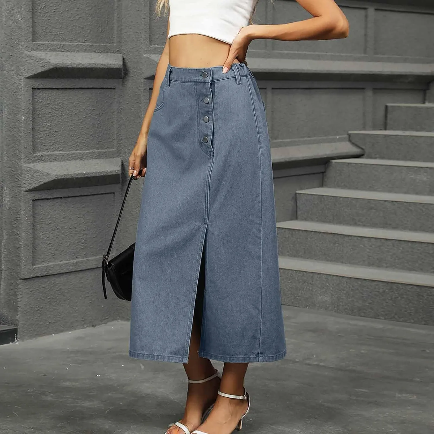 Women's Summer Casual Elastic Waist Pockets Work Midi Denim A Line Skirt Stretch Button Down Back Slit Stretch Skirts