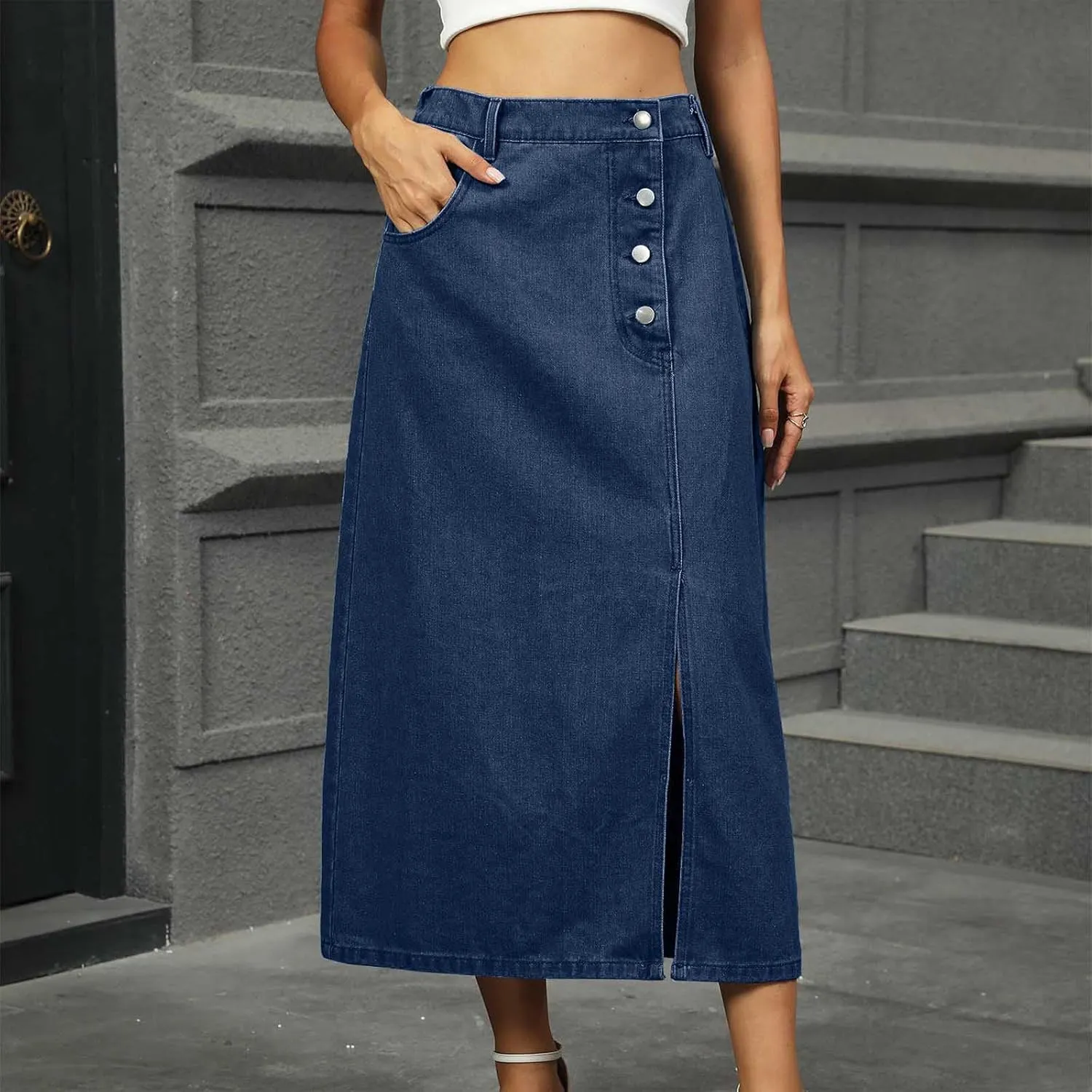 Women's Summer Casual Elastic Waist Pockets Work Midi Denim A Line Skirt Stretch Button Down Back Slit Stretch Skirts