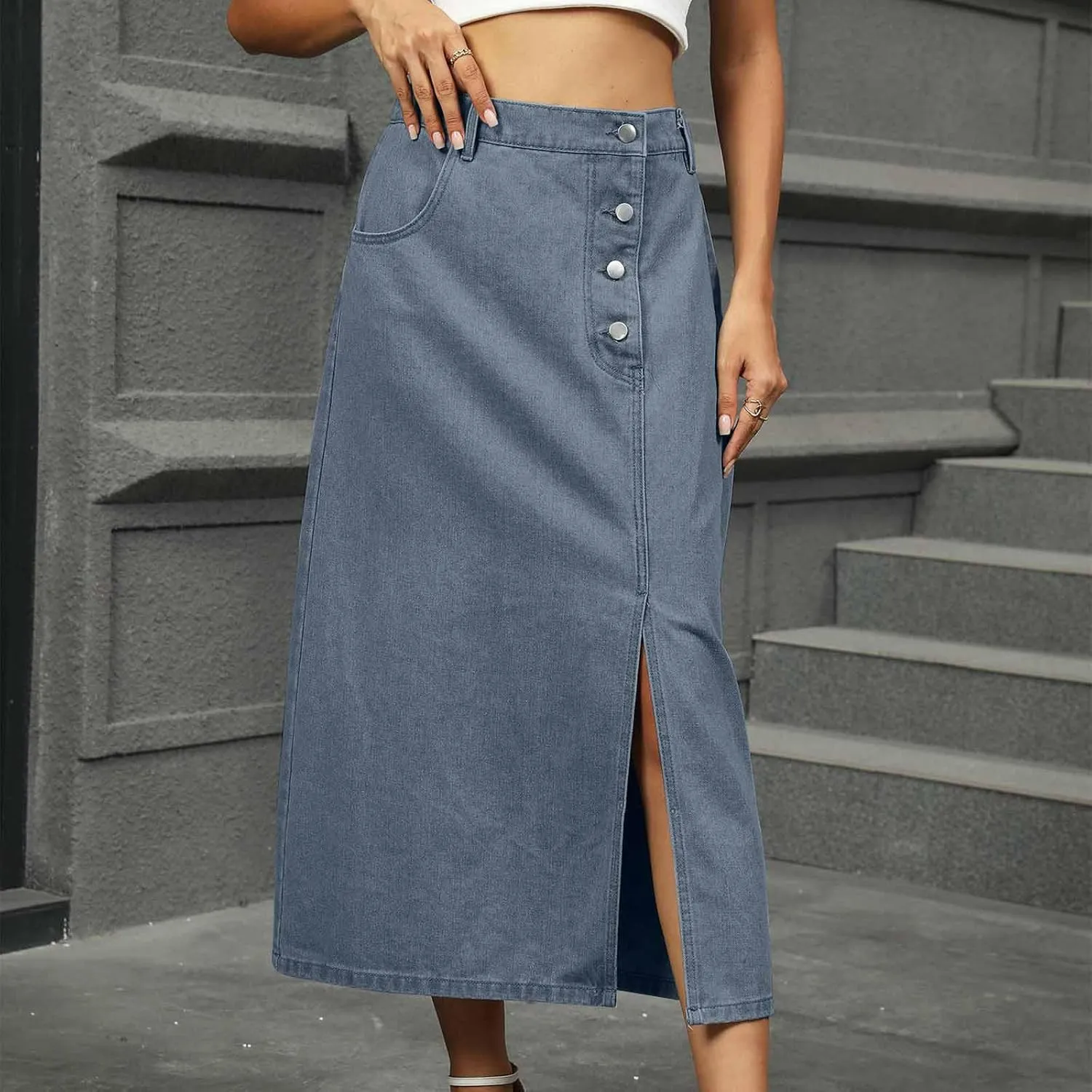 Women's Summer Casual Elastic Waist Pockets Work Midi Denim A Line Skirt Stretch Button Down Back Slit Stretch Skirts