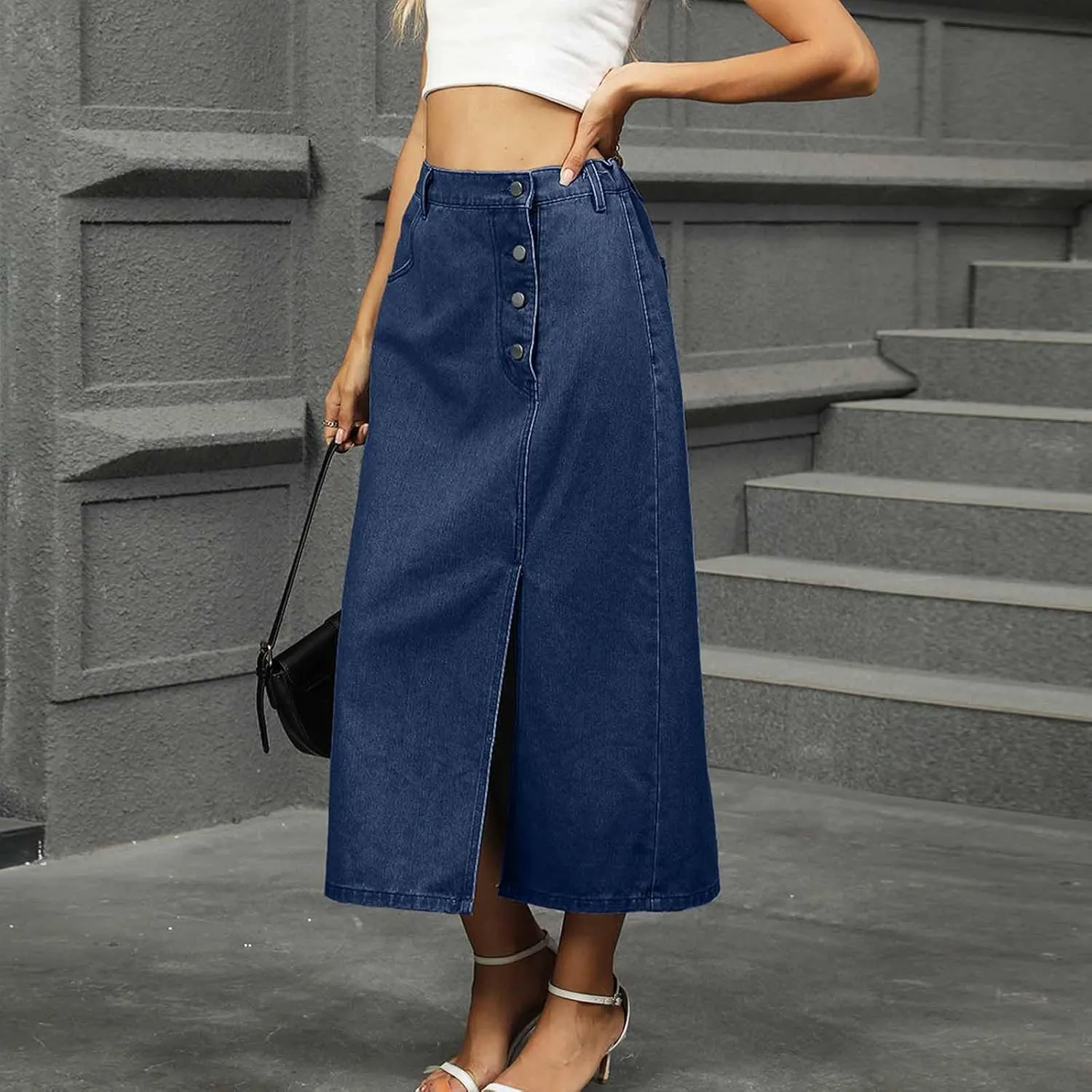Women's Summer Casual Elastic Waist Pockets Work Midi Denim A Line Skirt Stretch Button Down Back Slit Stretch Skirts