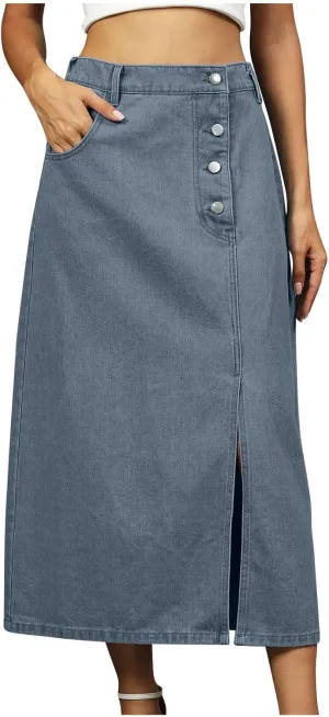 Women's Summer Casual Elastic Waist Pockets Work Midi Denim A Line Skirt Stretch Button Down Back Slit Stretch Skirts