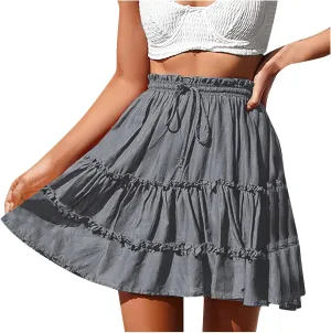 Womens Summer Cute Ruffle Skirts High Waist Pleated Swing Mini Skirt Trendy Flowy Beach Boho Skirts Short Half Dress