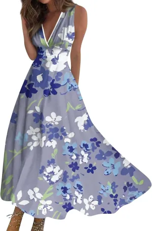 Womens Summer Dresses 2025 Floral Sleeveless V Neck Maxi Dresses High Waisted Flowy Sundresses Plus Size Beach Dress