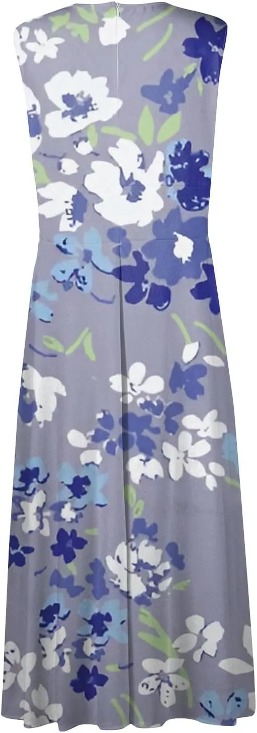 Womens Summer Dresses 2025 Floral Sleeveless V Neck Maxi Dresses High Waisted Flowy Sundresses Plus Size Beach Dress