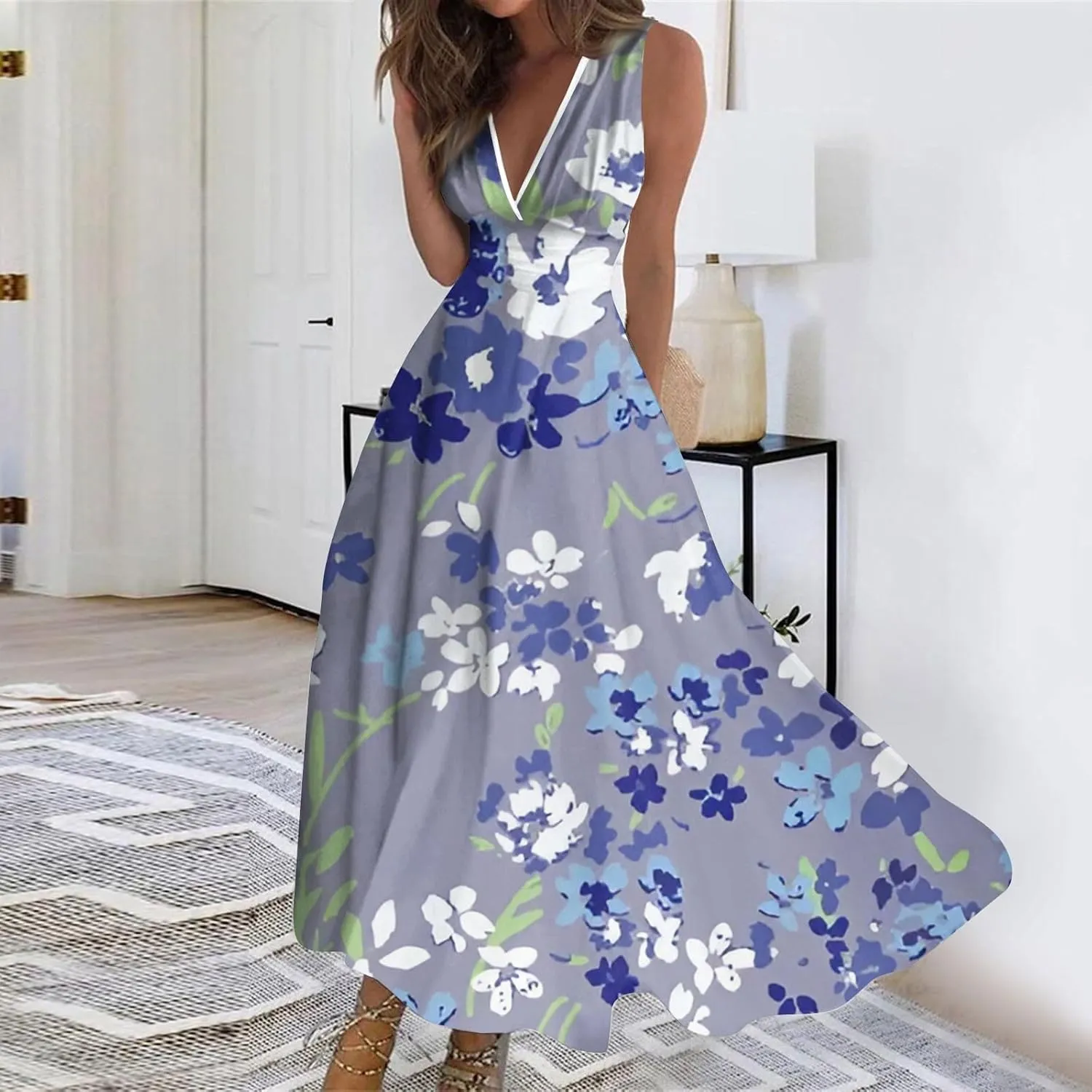 Womens Summer Dresses 2025 Floral Sleeveless V Neck Maxi Dresses High Waisted Flowy Sundresses Plus Size Beach Dress