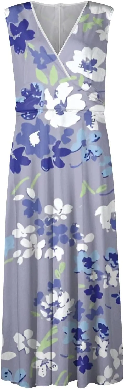Womens Summer Dresses 2025 Floral Sleeveless V Neck Maxi Dresses High Waisted Flowy Sundresses Plus Size Beach Dress