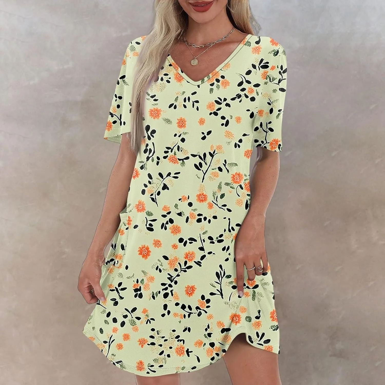 Womens Summer Dresses Short Sleeve V Neck Trendy Casual Floral T Shirt Dress for Women with Pockets