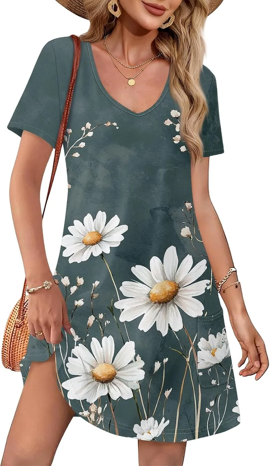 Womens Summer Dresses Short Sleeve V Neck Trendy Casual Floral T Shirt Dress for Women with Pockets