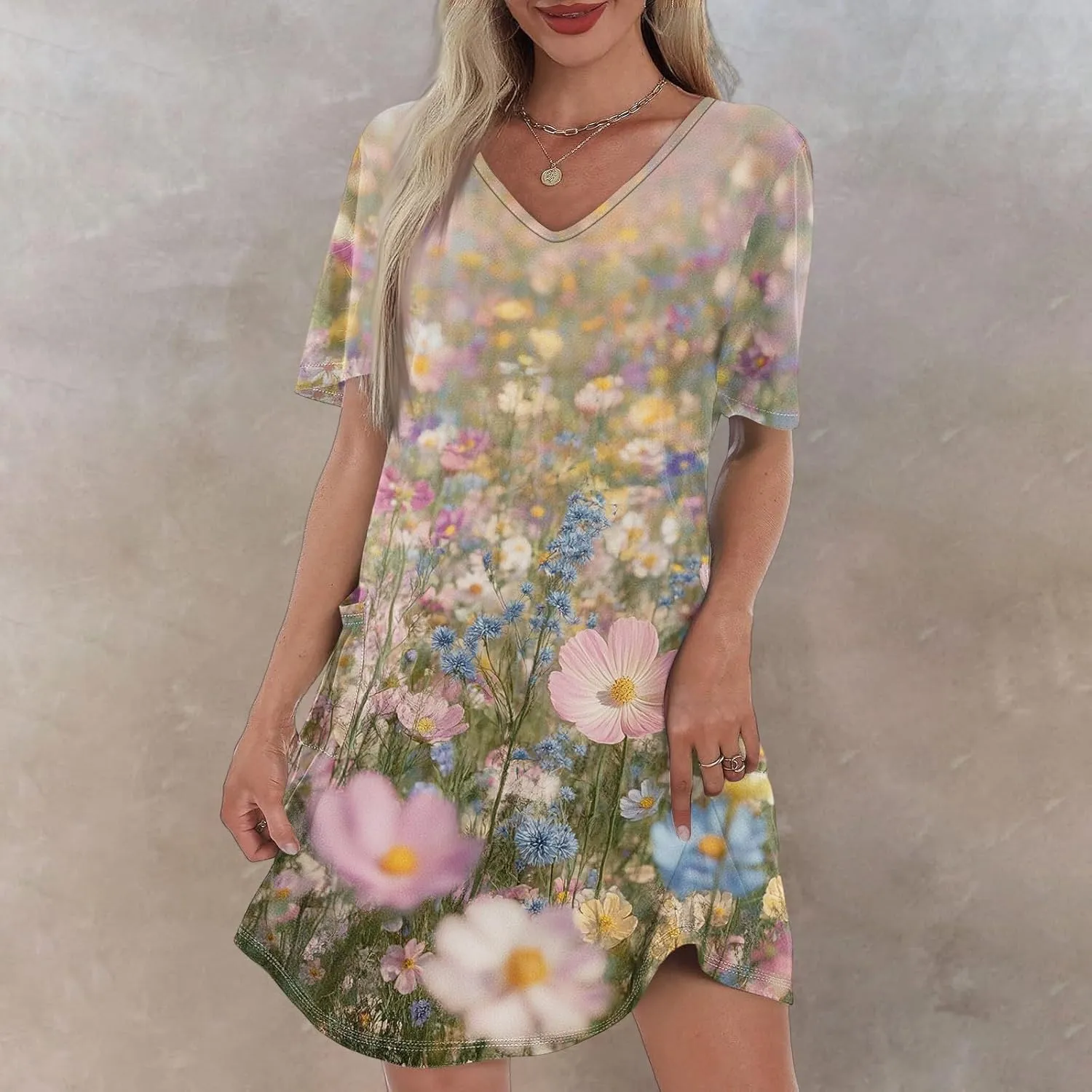 Womens Summer Dresses Short Sleeve V Neck Trendy Casual Floral T Shirt Dress for Women with Pockets