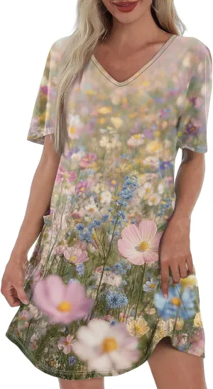 Womens Summer Dresses Short Sleeve V Neck Trendy Casual Floral T Shirt Dress for Women with Pockets
