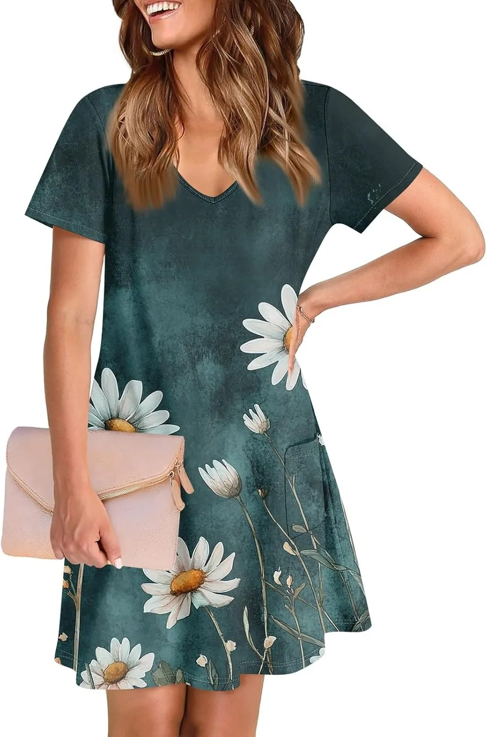Womens Summer Dresses Short Sleeve V Neck Trendy Casual Floral T Shirt Dress for Women with Pockets