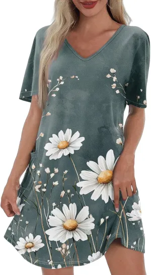 Womens Summer Dresses Short Sleeve V Neck Trendy Casual Floral T Shirt Dress for Women with Pockets