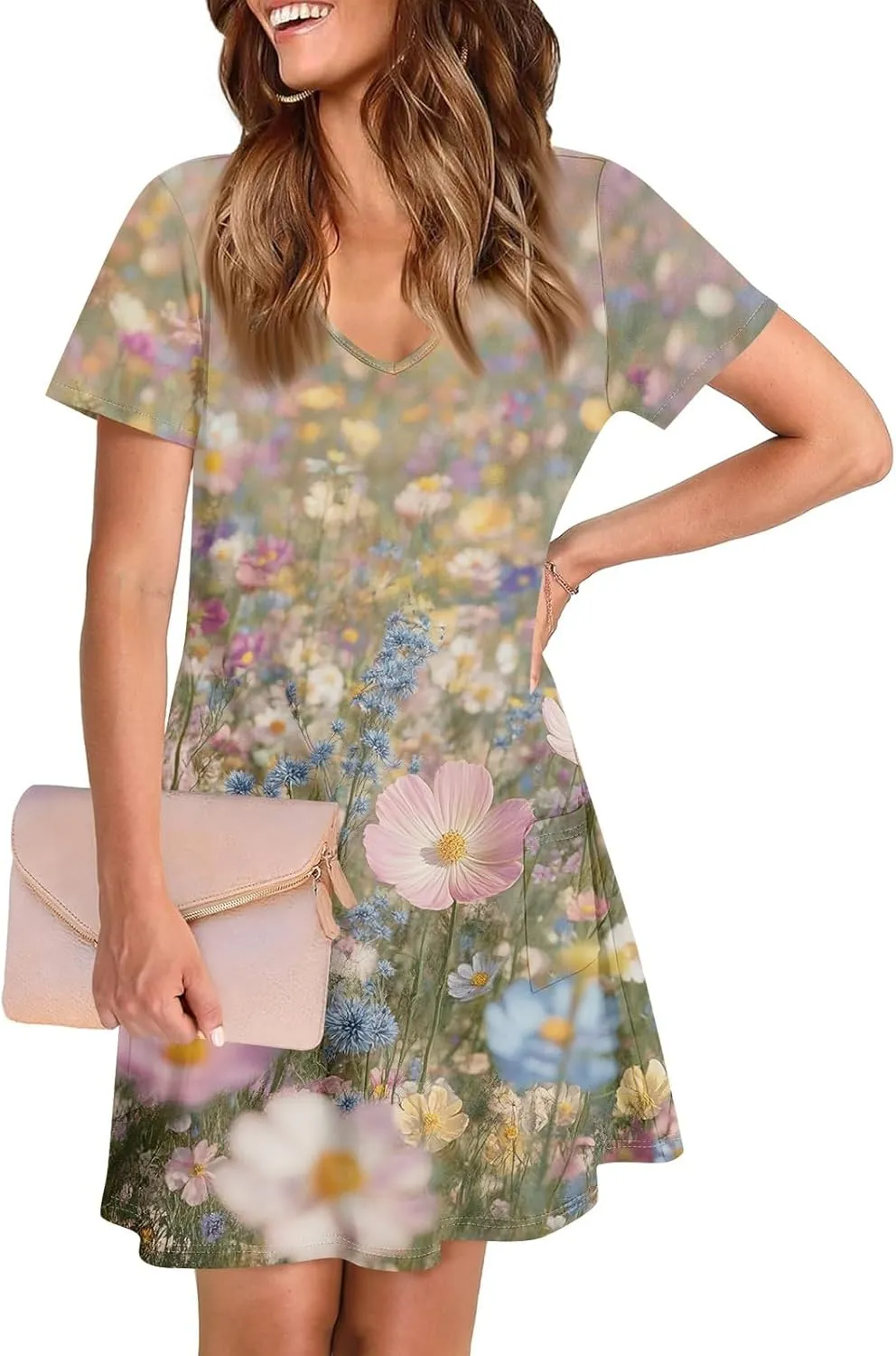 Womens Summer Dresses Short Sleeve V Neck Trendy Casual Floral T Shirt Dress for Women with Pockets