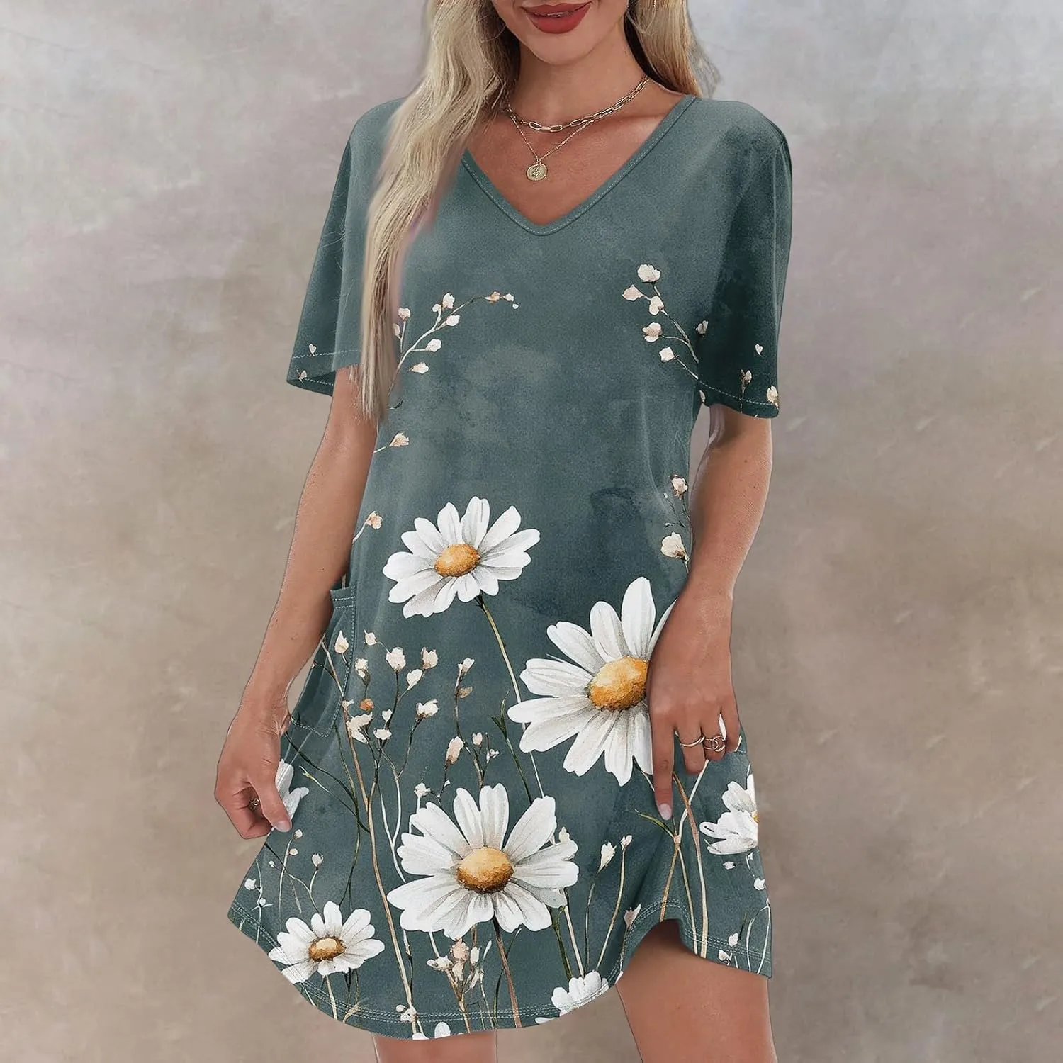 Womens Summer Dresses Short Sleeve V Neck Trendy Casual Floral T Shirt Dress for Women with Pockets
