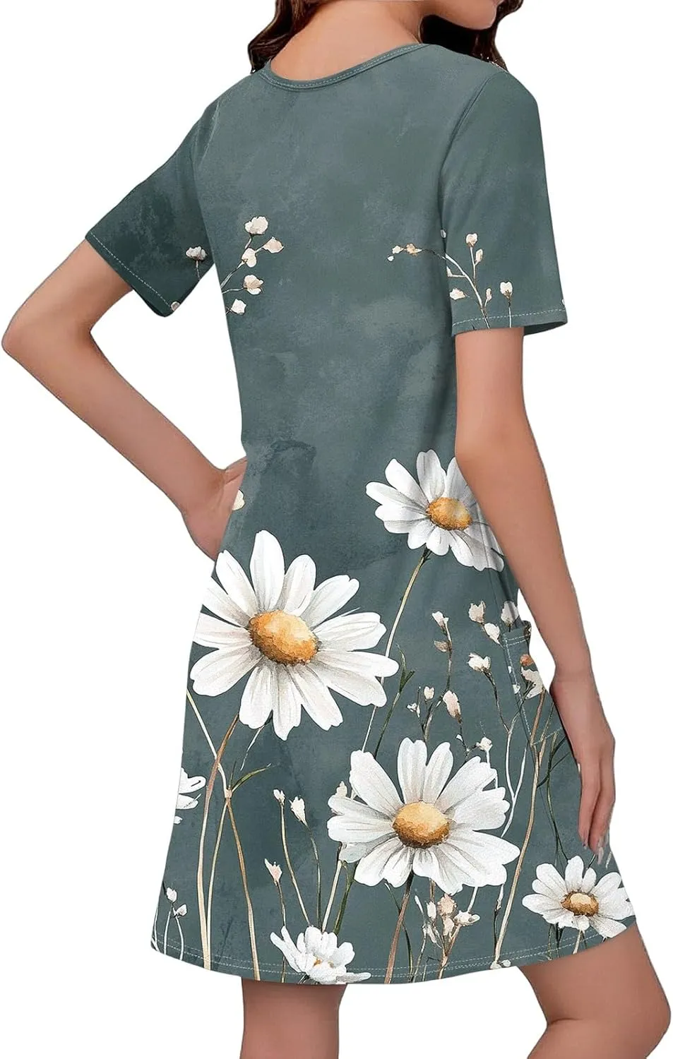 Womens Summer Dresses Short Sleeve V Neck Trendy Casual Floral T Shirt Dress for Women with Pockets