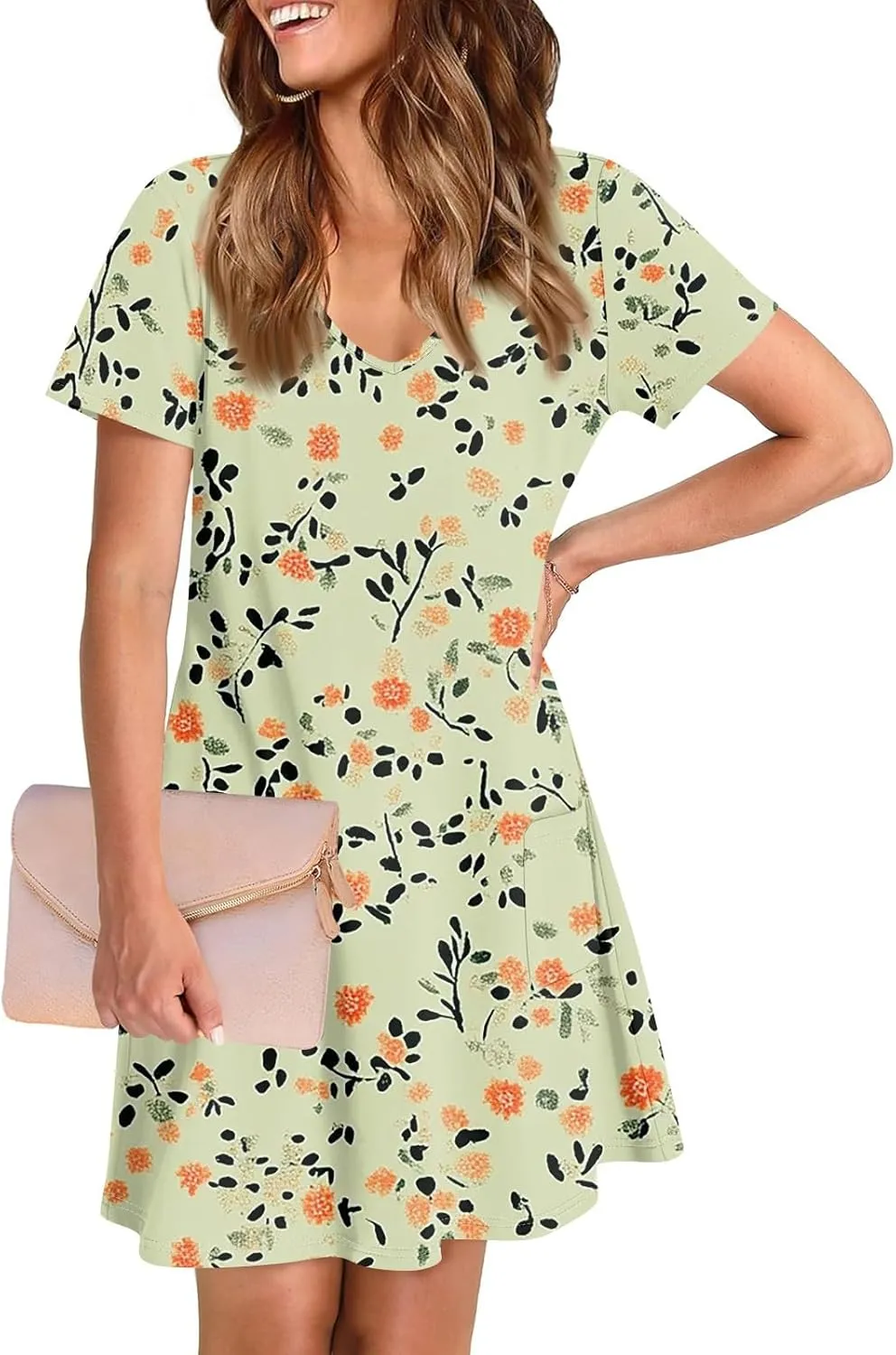 Womens Summer Dresses Short Sleeve V Neck Trendy Casual Floral T Shirt Dress for Women with Pockets
