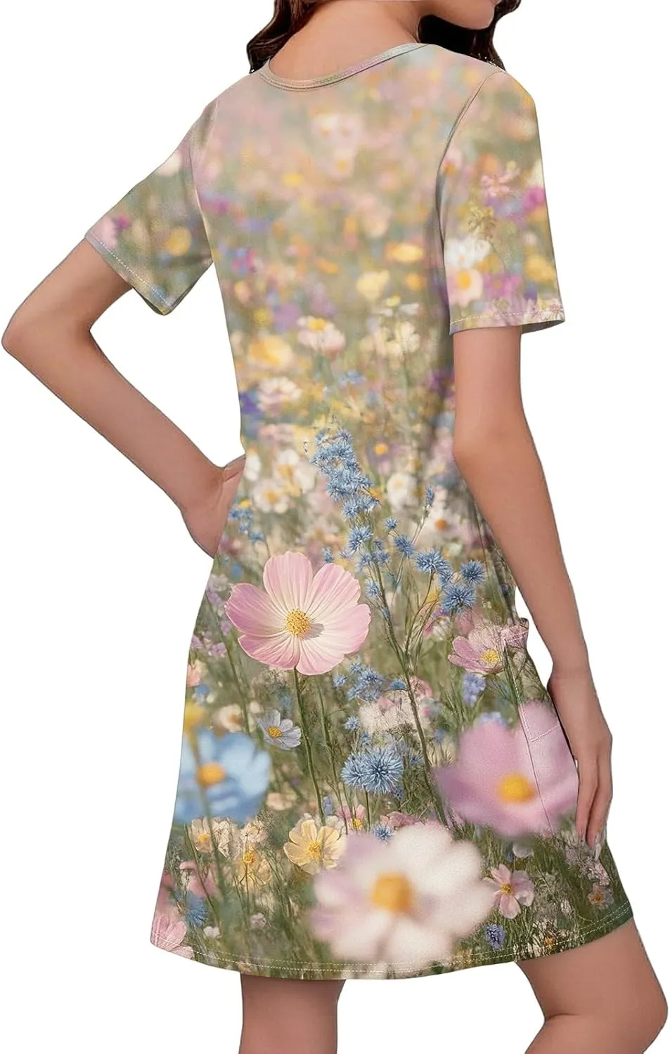 Womens Summer Dresses Short Sleeve V Neck Trendy Casual Floral T Shirt Dress for Women with Pockets
