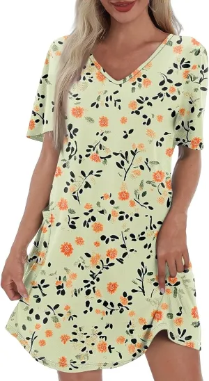 Womens Summer Dresses Short Sleeve V Neck Trendy Casual Floral T Shirt Dress for Women with Pockets