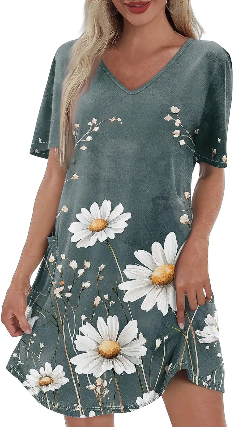 Womens Summer Dresses Short Sleeve V Neck Trendy Casual Floral T Shirt Dress for Women with Pockets