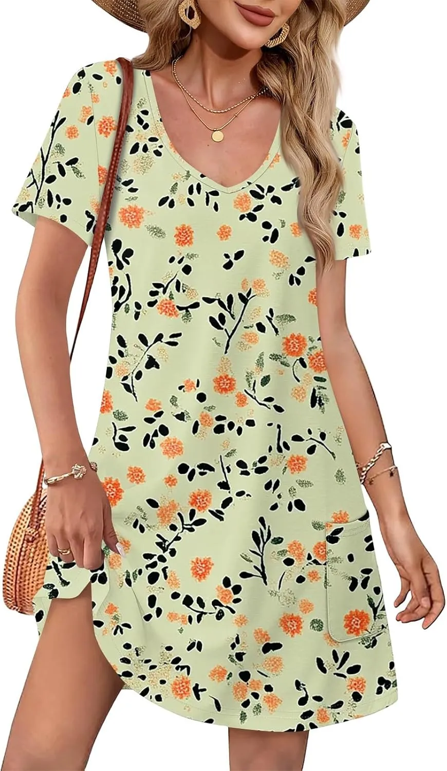 Womens Summer Dresses Short Sleeve V Neck Trendy Casual Floral T Shirt Dress for Women with Pockets