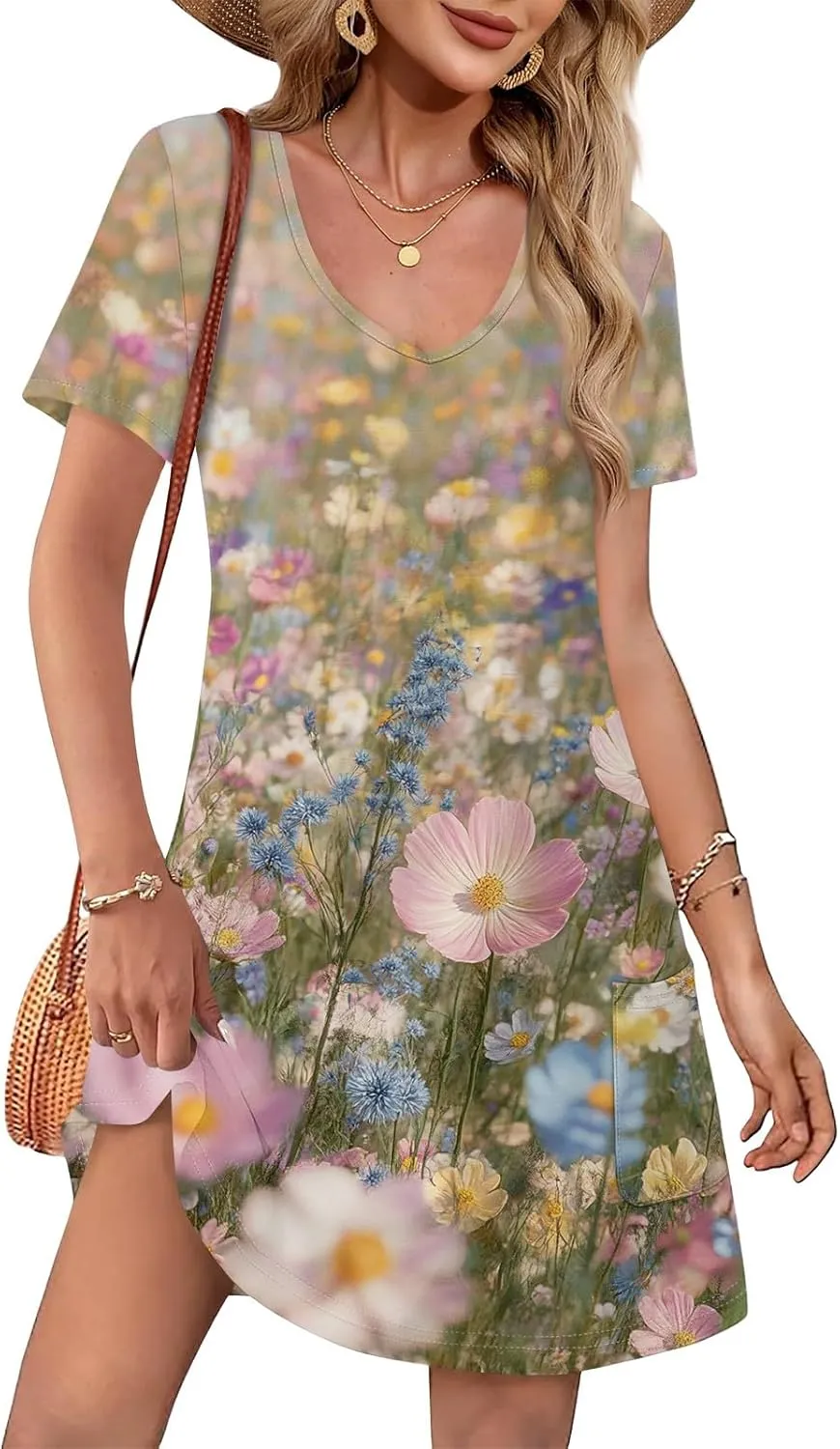 Womens Summer Dresses Short Sleeve V Neck Trendy Casual Floral T Shirt Dress for Women with Pockets
