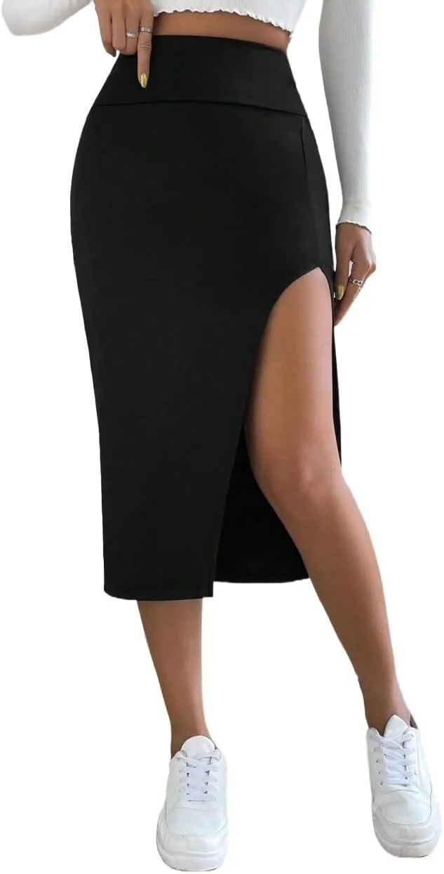 Women’s Summer Flowy Skirt Dress Solid Slit Midi Skirt