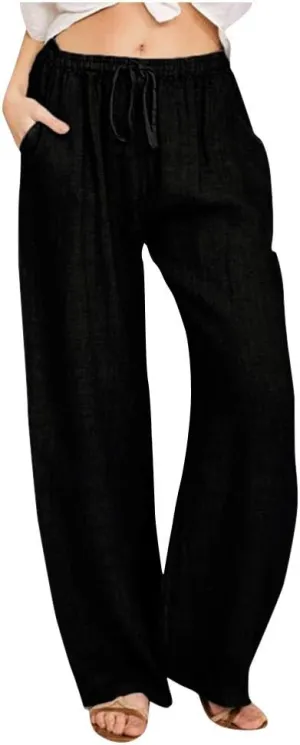 Women's Summer Long Pants Drawstring Elastic Waist Wide Leg Linen Palazzo Pants Loose Casual Beach Pants with Pockets