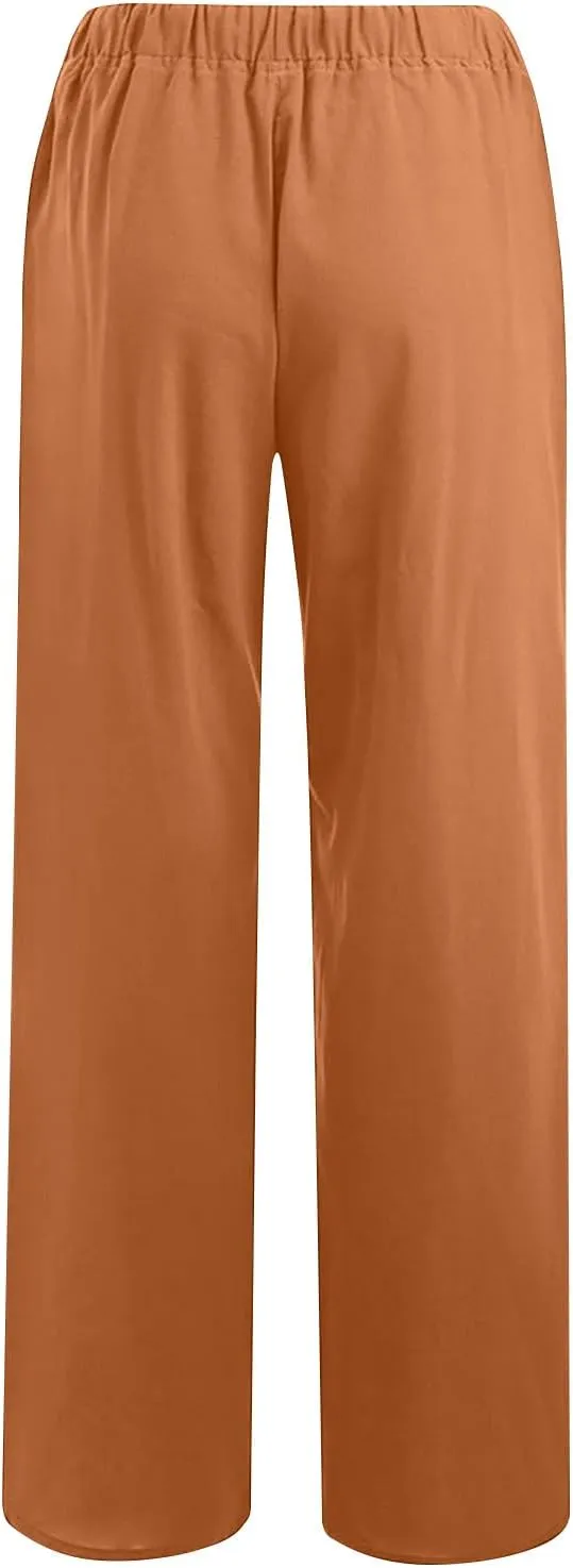 Women's Summer Long Pants Drawstring Elastic Waist Wide Leg Linen Palazzo Pants Loose Casual Beach Pants with Pockets