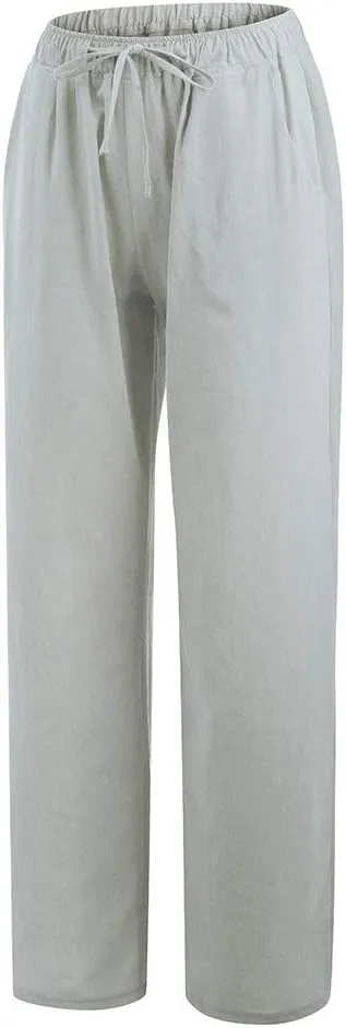 Women's Summer Long Pants Drawstring Elastic Waist Wide Leg Linen Palazzo Pants Loose Casual Beach Pants with Pockets