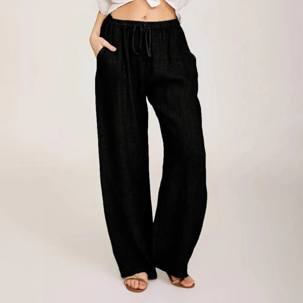Women's Summer Long Pants Drawstring Elastic Waist Wide Leg Linen Palazzo Pants Loose Casual Beach Pants with Pockets