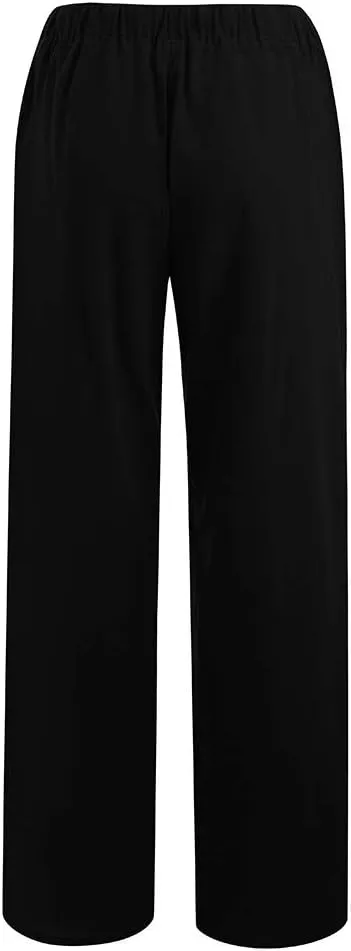 Women's Summer Long Pants Drawstring Elastic Waist Wide Leg Linen Palazzo Pants Loose Casual Beach Pants with Pockets