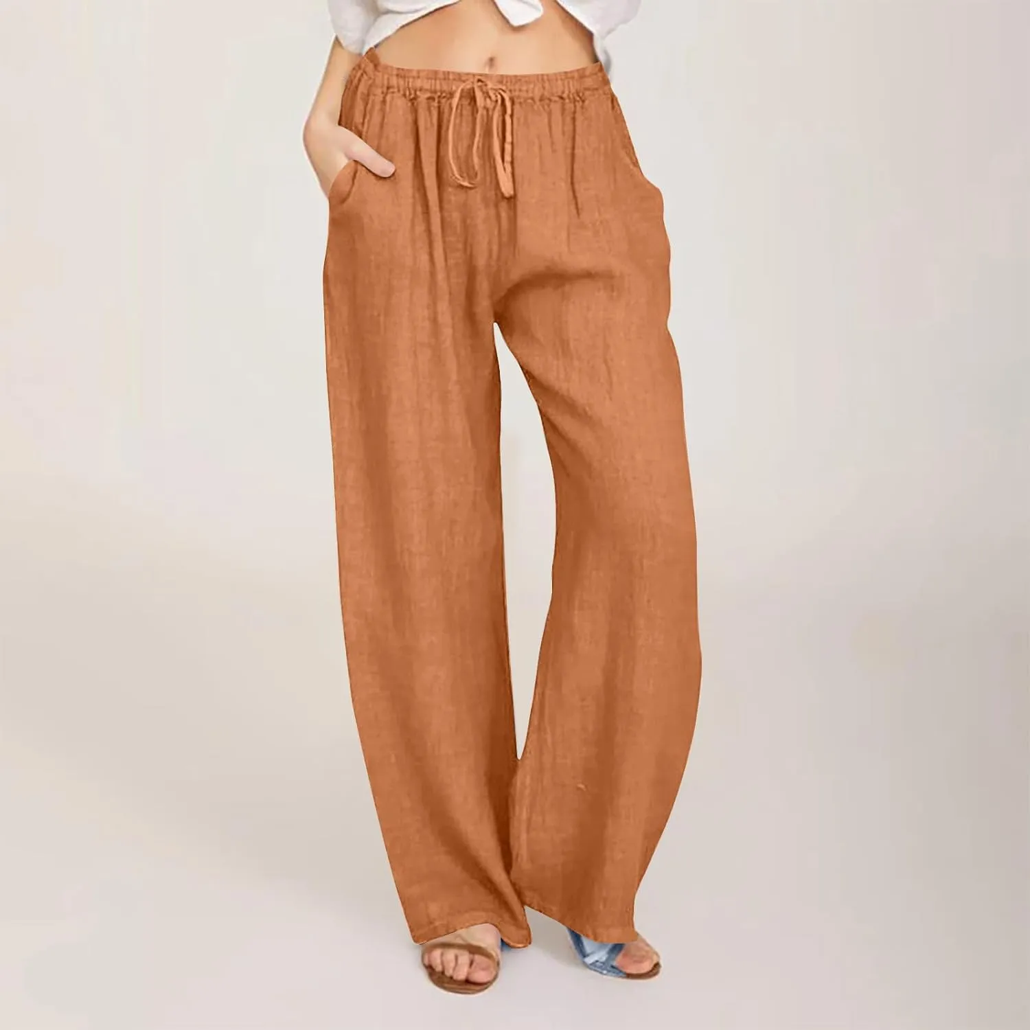 Women's Summer Long Pants Drawstring Elastic Waist Wide Leg Linen Palazzo Pants Loose Casual Beach Pants with Pockets
