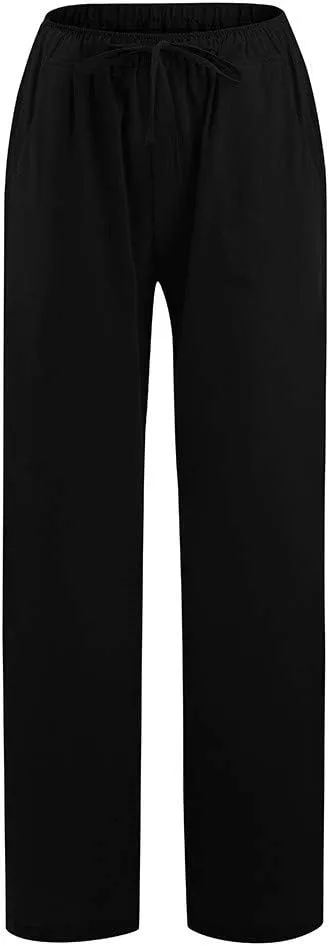 Women's Summer Long Pants Drawstring Elastic Waist Wide Leg Linen Palazzo Pants Loose Casual Beach Pants with Pockets