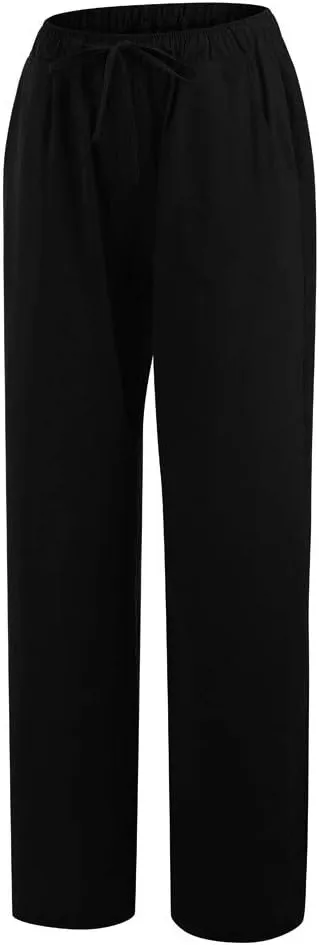 Women's Summer Long Pants Drawstring Elastic Waist Wide Leg Linen Palazzo Pants Loose Casual Beach Pants with Pockets