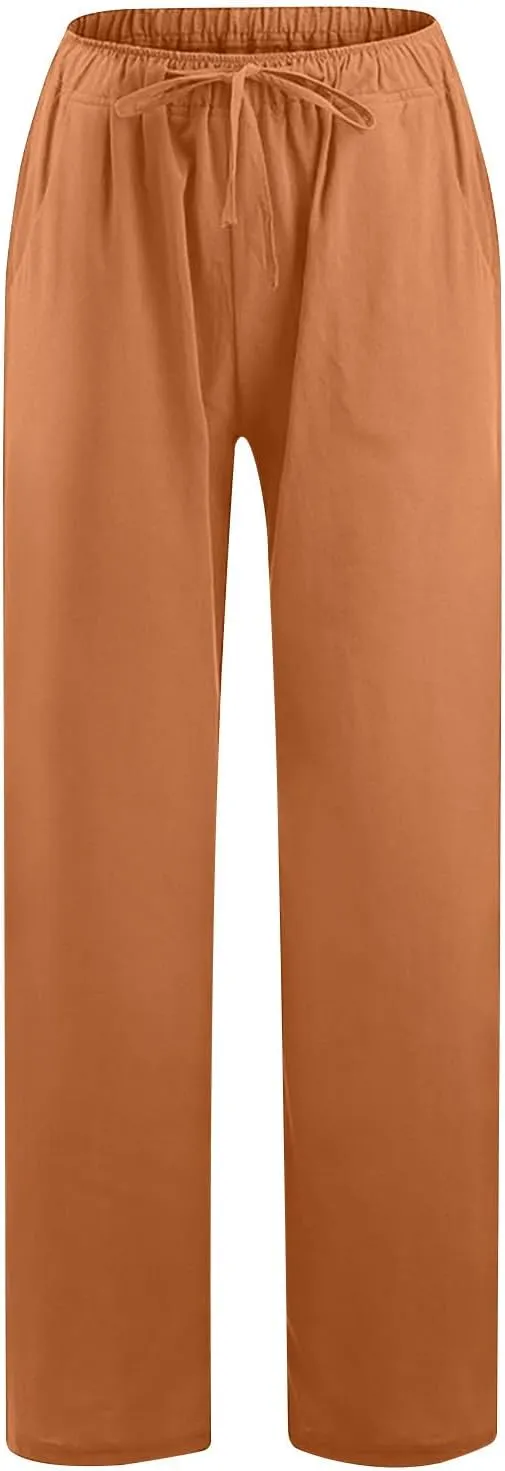 Women's Summer Long Pants Drawstring Elastic Waist Wide Leg Linen Palazzo Pants Loose Casual Beach Pants with Pockets