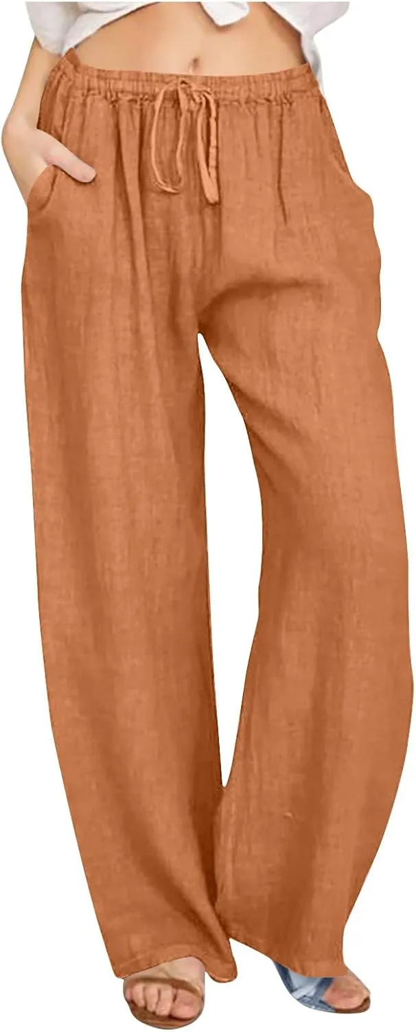 Women's Summer Long Pants Drawstring Elastic Waist Wide Leg Linen Palazzo Pants Loose Casual Beach Pants with Pockets