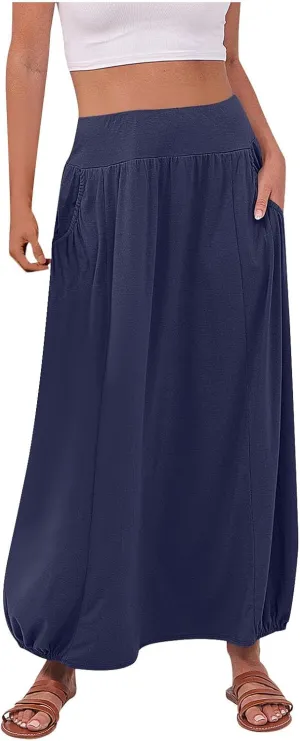 Women's Summer Maxi Skirts 2025 Trendy Solid High Waisted Ankle Length Skirt Casual Flowy Ruffle Hem Balloon Skirts