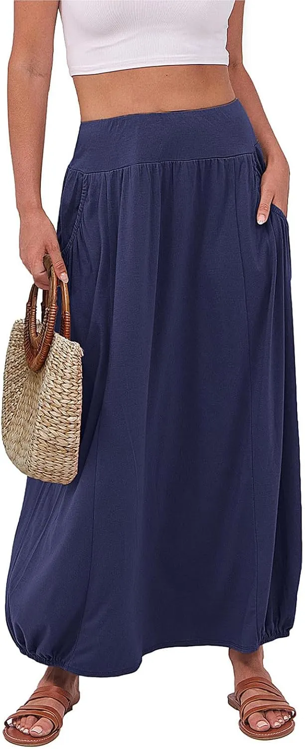 Women's Summer Maxi Skirts 2025 Trendy Solid High Waisted Ankle Length Skirt Casual Flowy Ruffle Hem Balloon Skirts