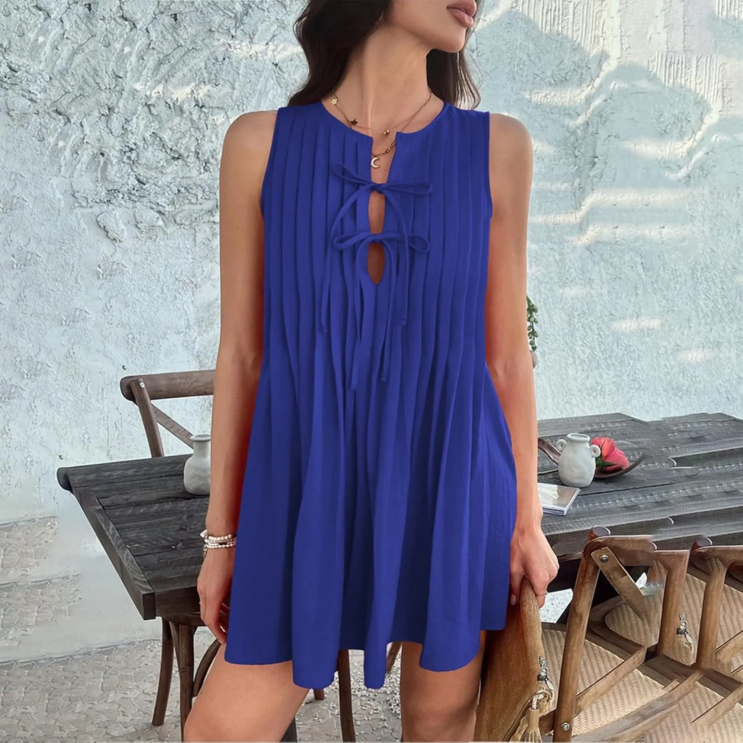 Womens Summer Mini Dress 2025 Sleeveless Crew Neck Cute Bow Tie Front Loose Pleated Casual Short Dresses Sun Dresses