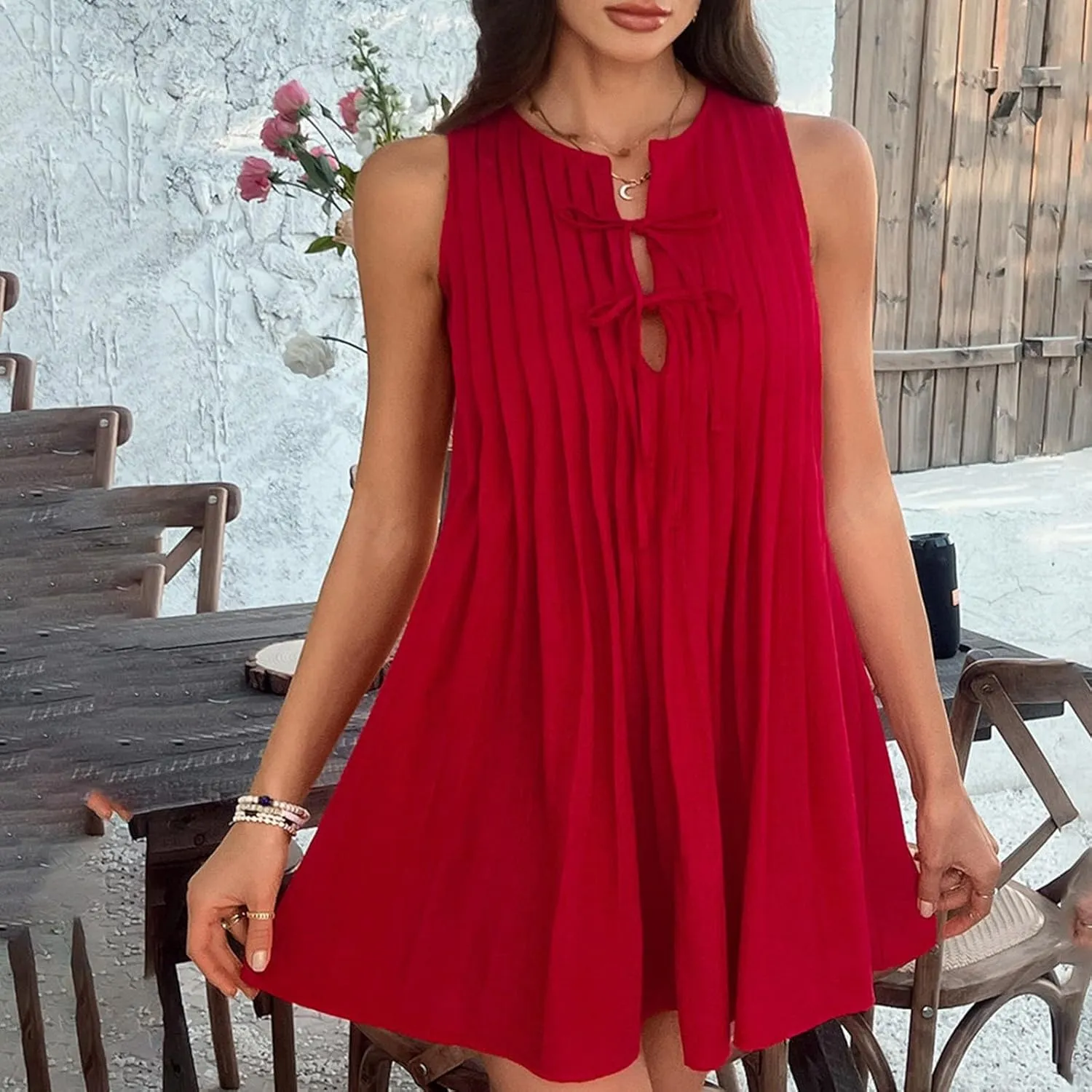 Womens Summer Mini Dress 2025 Sleeveless Crew Neck Cute Bow Tie Front Loose Pleated Casual Short Dresses Sun Dresses