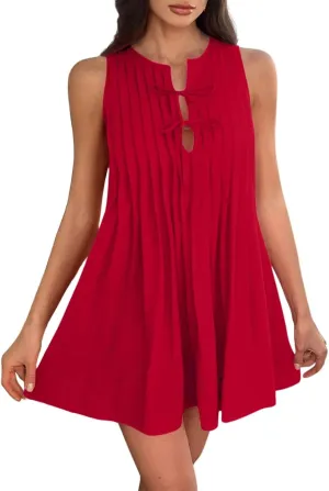 Womens Summer Mini Dress 2025 Sleeveless Crew Neck Cute Bow Tie Front Loose Pleated Casual Short Dresses Sun Dresses