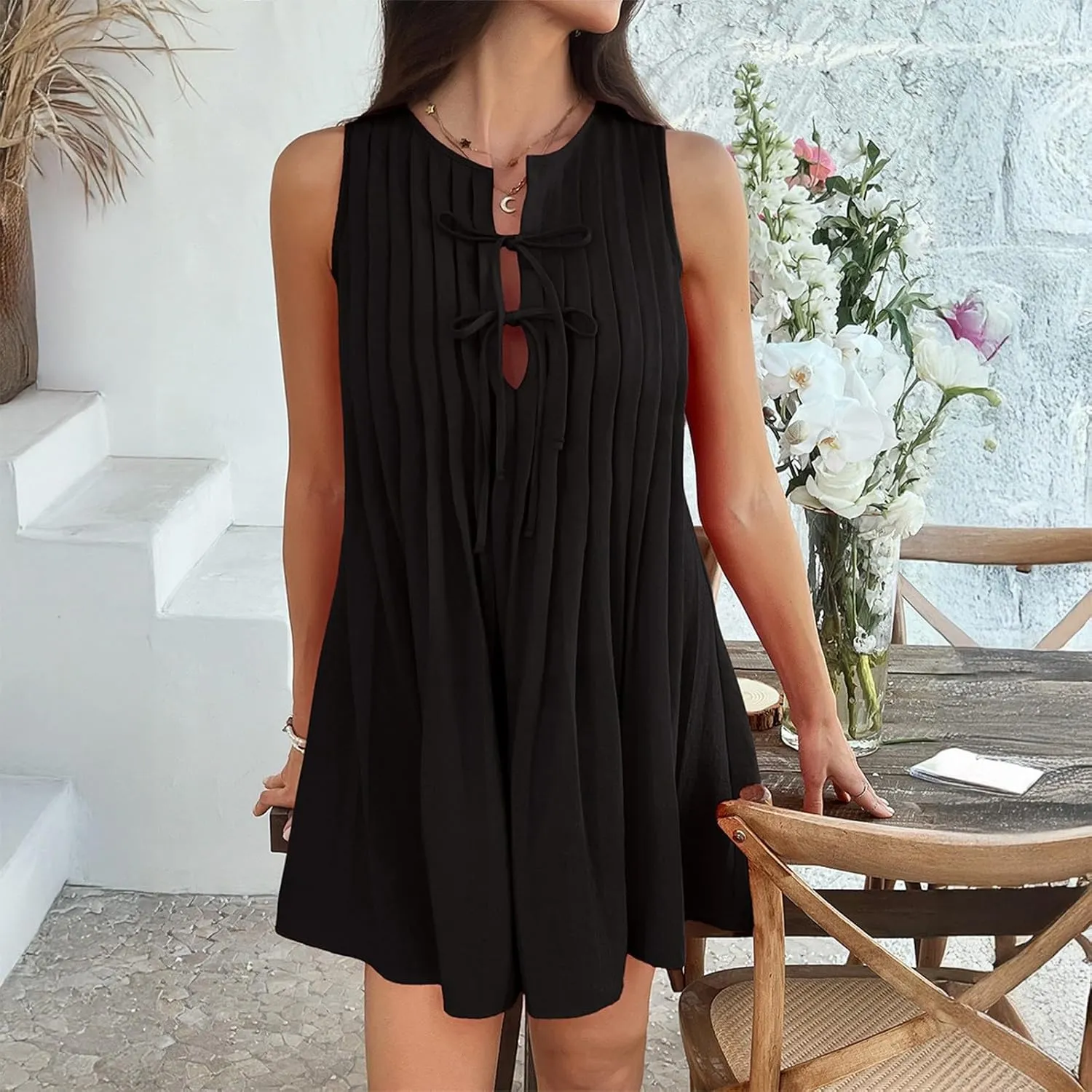 Womens Summer Mini Dress 2025 Sleeveless Crew Neck Cute Bow Tie Front Loose Pleated Casual Short Dresses Sun Dresses