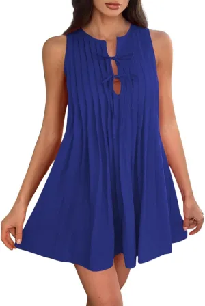 Womens Summer Mini Dress 2025 Sleeveless Crew Neck Cute Bow Tie Front Loose Pleated Casual Short Dresses Sun Dresses